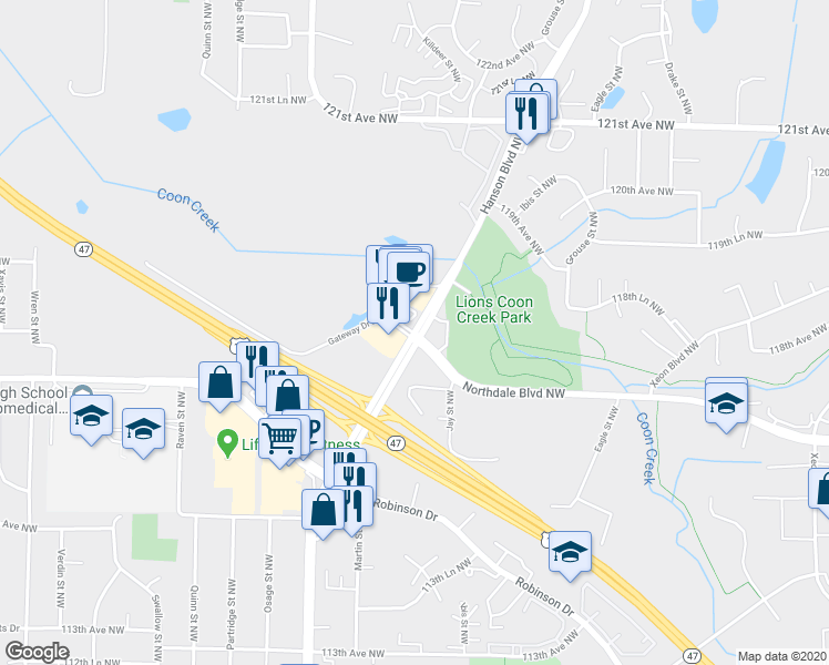 map of restaurants, bars, coffee shops, grocery stores, and more near 11700 Hanson Boulevard Northwest in Coon Rapids