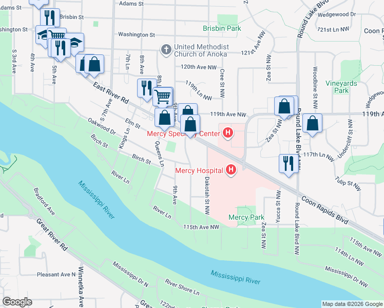 map of restaurants, bars, coffee shops, grocery stores, and more near 11761 Eldorado Street Northwest in Coon Rapids