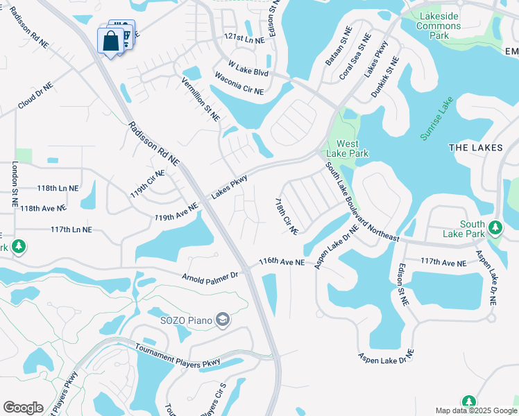 map of restaurants, bars, coffee shops, grocery stores, and more near 11765 Vermillion Street Northeast in Blaine