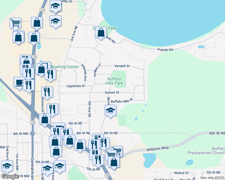 map of restaurants, bars, coffee shops, grocery stores, and more near 701 Sunset Street in Buffalo