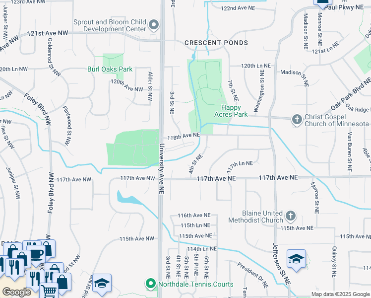 map of restaurants, bars, coffee shops, grocery stores, and more near 11754 3rd Street Northeast in Blaine