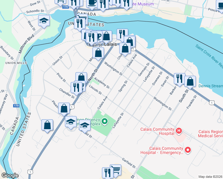 map of restaurants, bars, coffee shops, grocery stores, and more near Calais Avenue in Calais