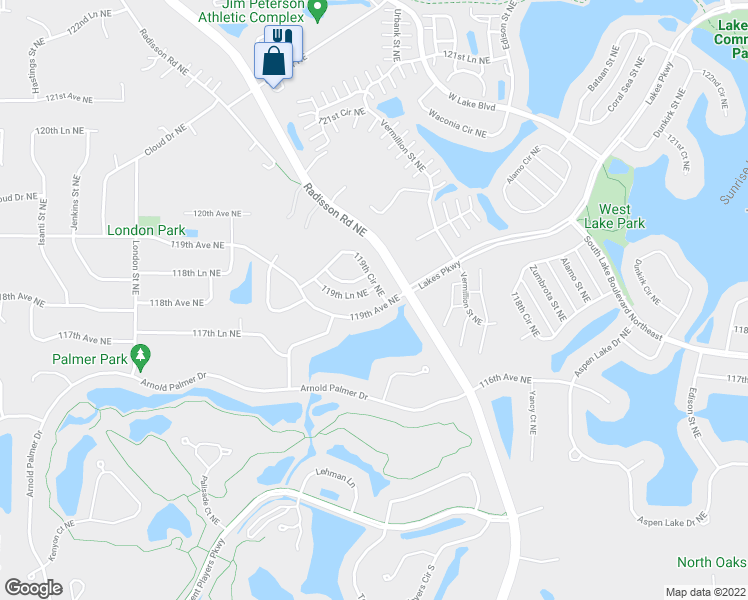 map of restaurants, bars, coffee shops, grocery stores, and more near 2364 119th Lane Northeast in Blaine