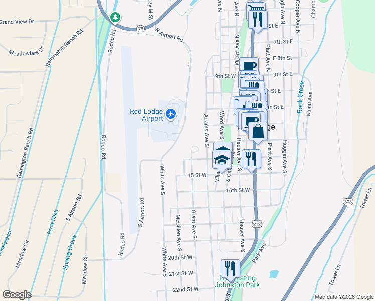 map of restaurants, bars, coffee shops, grocery stores, and more near 207 S Grant in Red Lodge