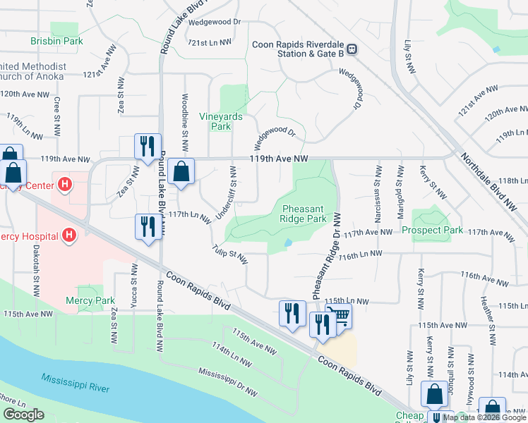 map of restaurants, bars, coffee shops, grocery stores, and more near 3544 118th Avenue Northwest in Coon Rapids