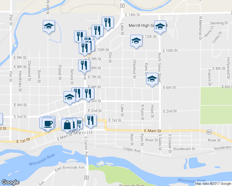map of restaurants, bars, coffee shops, grocery stores, and more near 306 North Van Rensselaer Street in Merrill