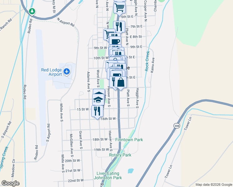map of restaurants, bars, coffee shops, grocery stores, and more near 208 S Broadway in Red Lodge