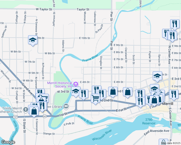 map of restaurants, bars, coffee shops, grocery stores, and more near 212 East 5th Street in Merrill