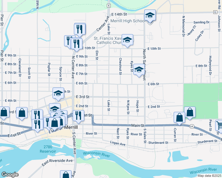 map of restaurants, bars, coffee shops, grocery stores, and more near 309 Lake Street in Merrill