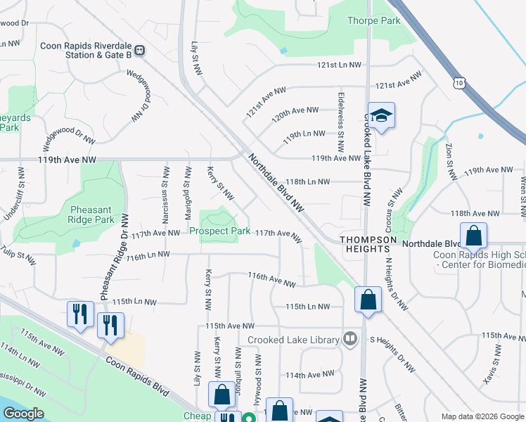 map of restaurants, bars, coffee shops, grocery stores, and more near 11731 Jonquil Street Northwest in Coon Rapids
