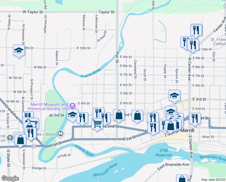 map of restaurants, bars, coffee shops, grocery stores, and more near 410 East 5th Street in Merrill