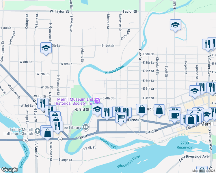 map of restaurants, bars, coffee shops, grocery stores, and more near 200 East 5th Street in Merrill