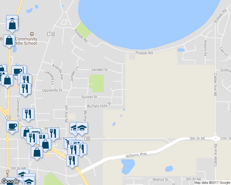 map of restaurants, bars, coffee shops, grocery stores, and more near 808 Buffalo Hills Street in Buffalo