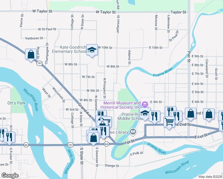map of restaurants, bars, coffee shops, grocery stores, and more near 600 East Street in Merrill