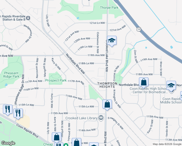 map of restaurants, bars, coffee shops, grocery stores, and more near 2904 117th Lane Northwest in Coon Rapids