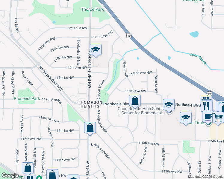 map of restaurants, bars, coffee shops, grocery stores, and more near 11740 Bittersweet Street Northwest in Coon Rapids