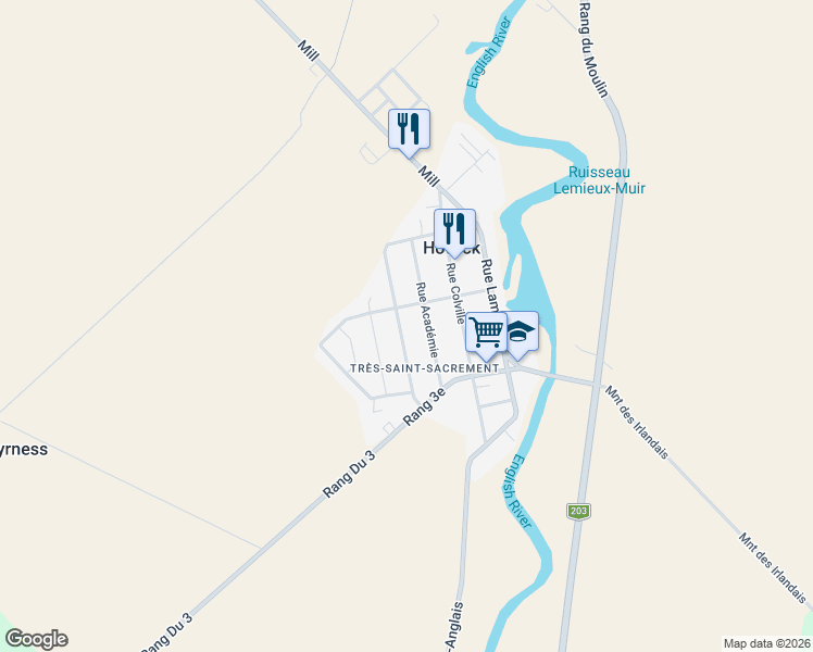 map of restaurants, bars, coffee shops, grocery stores, and more near 16 Rue Stewart in Howick