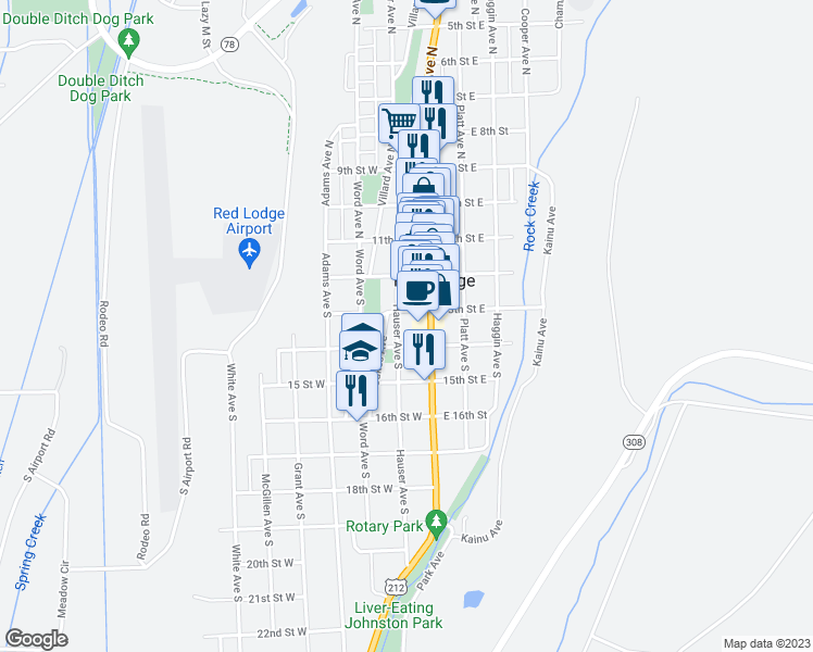 map of restaurants, bars, coffee shops, grocery stores, and more near 210 Hauser Avenue South in Red Lodge