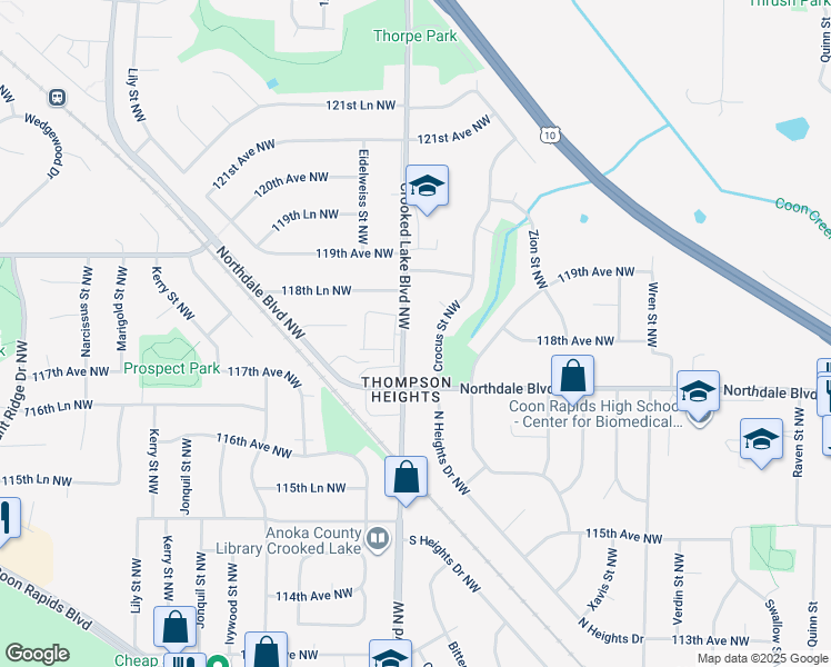 map of restaurants, bars, coffee shops, grocery stores, and more near 11749 Crooked Lake Boulevard Northwest in Coon Rapids