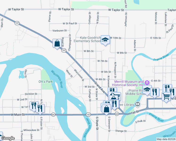 map of restaurants, bars, coffee shops, grocery stores, and more near 600 Cottage Street in Merrill