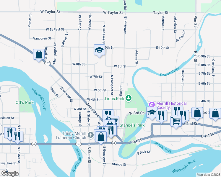 map of restaurants, bars, coffee shops, grocery stores, and more near 600 North Prospect Street in Merrill