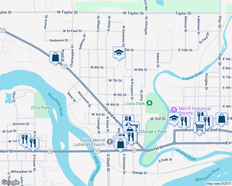 map of restaurants, bars, coffee shops, grocery stores, and more near 508 West 5th Street in Merrill