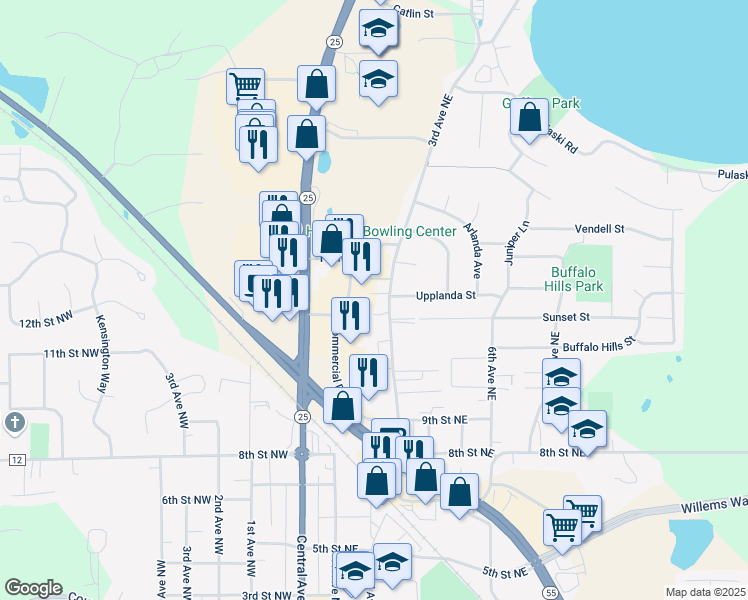 map of restaurants, bars, coffee shops, grocery stores, and more near 1115 Ridgestone Place in Buffalo