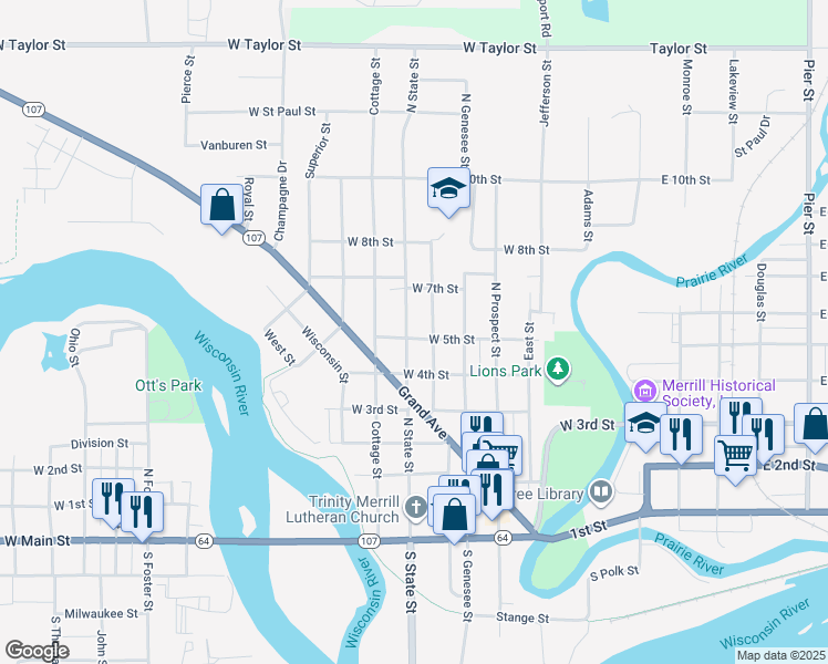 map of restaurants, bars, coffee shops, grocery stores, and more near 601 North State Street in Merrill