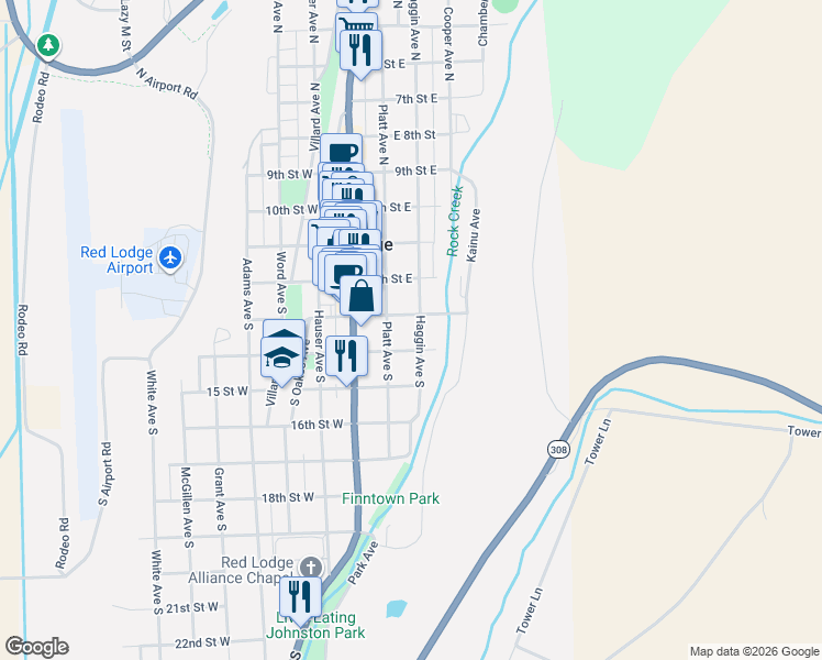 map of restaurants, bars, coffee shops, grocery stores, and more near 210 Platt Avenue South in Red Lodge