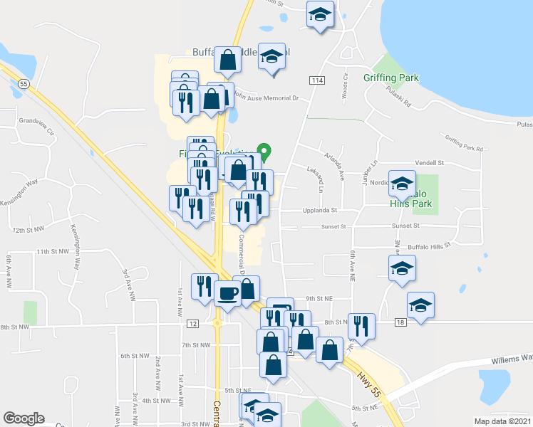 map of restaurants, bars, coffee shops, grocery stores, and more near 1119 Ridgestone Place in Buffalo