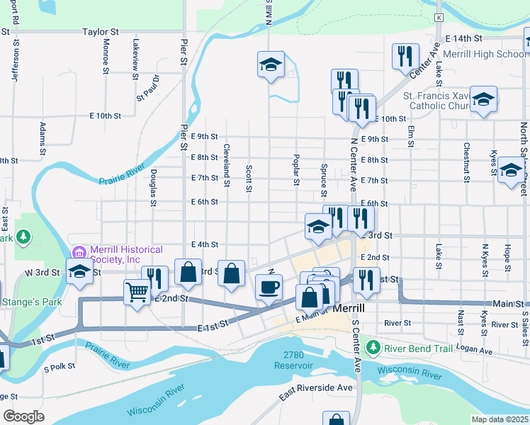 map of restaurants, bars, coffee shops, grocery stores, and more near 502 North Mill Street in Merrill