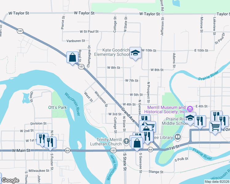 map of restaurants, bars, coffee shops, grocery stores, and more near 618 Cottage Street in Merrill