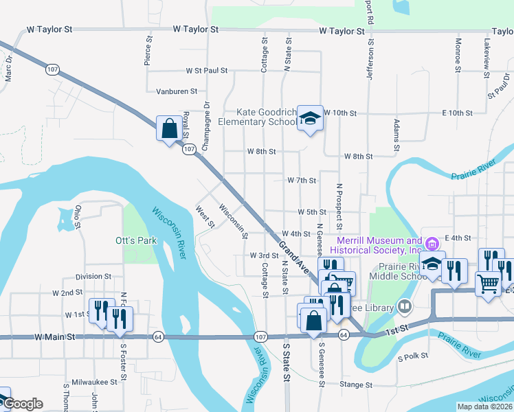 map of restaurants, bars, coffee shops, grocery stores, and more near 600 Cottage Street in Merrill