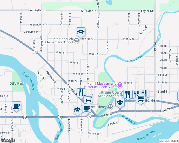 map of restaurants, bars, coffee shops, grocery stores, and more near 600 East Street in Merrill