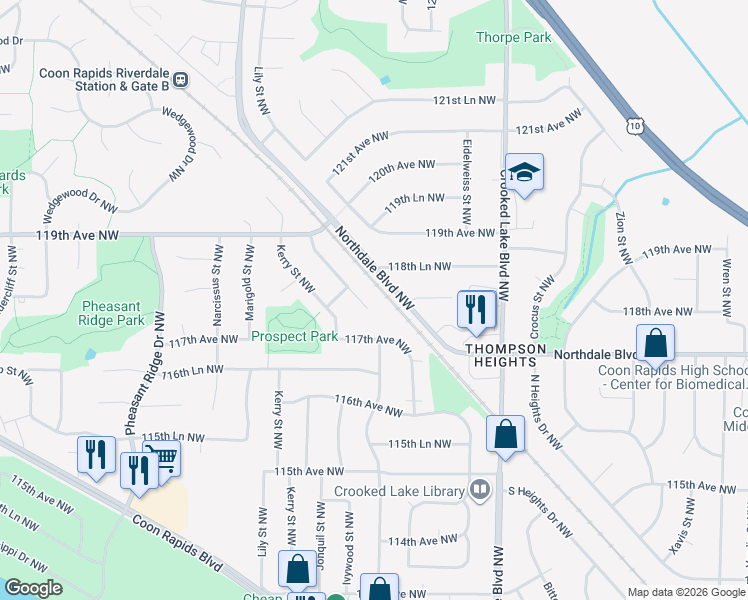 map of restaurants, bars, coffee shops, grocery stores, and more near 11731 Jonquil Street Northwest in Coon Rapids