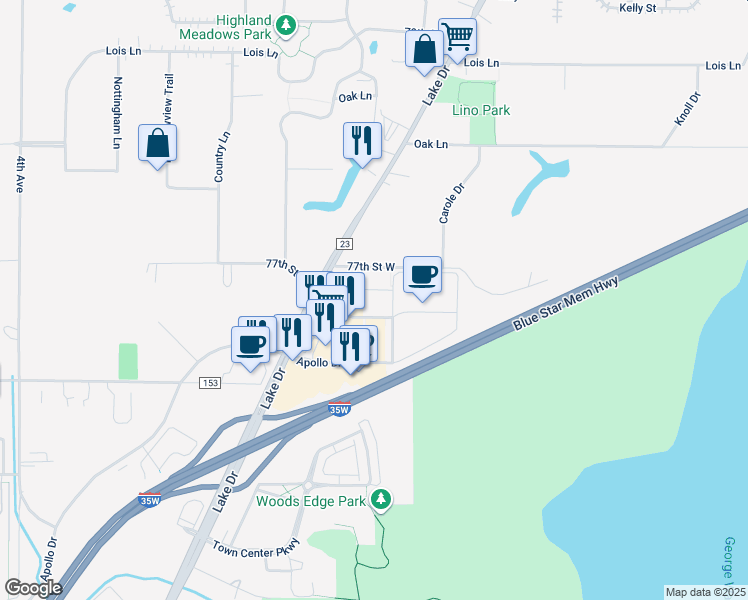 map of restaurants, bars, coffee shops, grocery stores, and more near 733 Apollo Drive in Lino Lakes