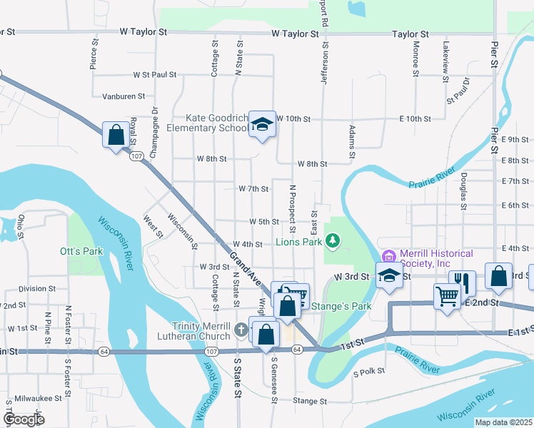 map of restaurants, bars, coffee shops, grocery stores, and more near 508 West 5th Street in Merrill