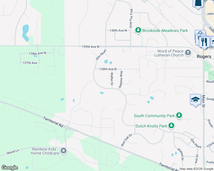 map of restaurants, bars, coffee shops, grocery stores, and more near 12652 Elm Parkway in Rogers