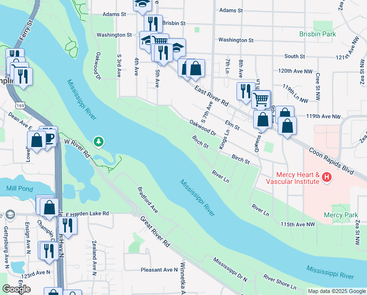 map of restaurants, bars, coffee shops, grocery stores, and more near 700 Birch Street in Anoka