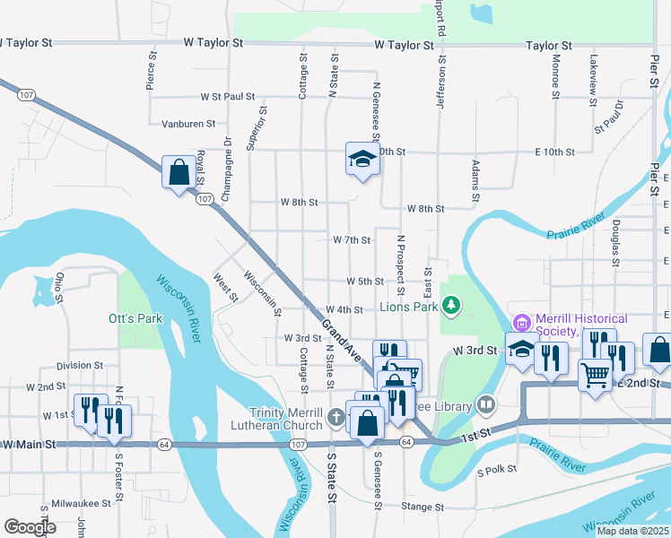 map of restaurants, bars, coffee shops, grocery stores, and more near 601 North State Street in Merrill