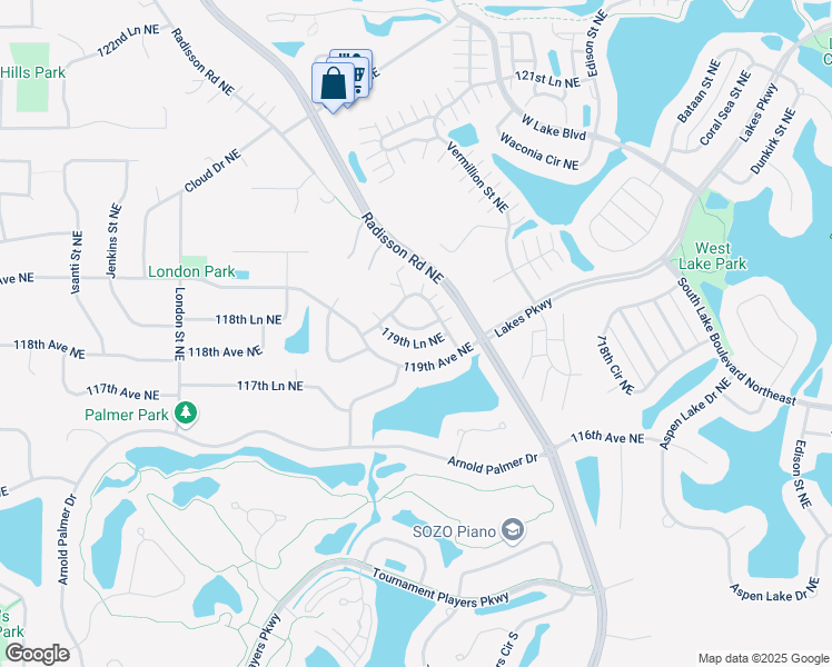 map of restaurants, bars, coffee shops, grocery stores, and more near 2344 119th Lane Northeast in Blaine