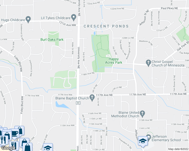 map of restaurants, bars, coffee shops, grocery stores, and more near 112 118th Avenue Northeast in Minneapolis