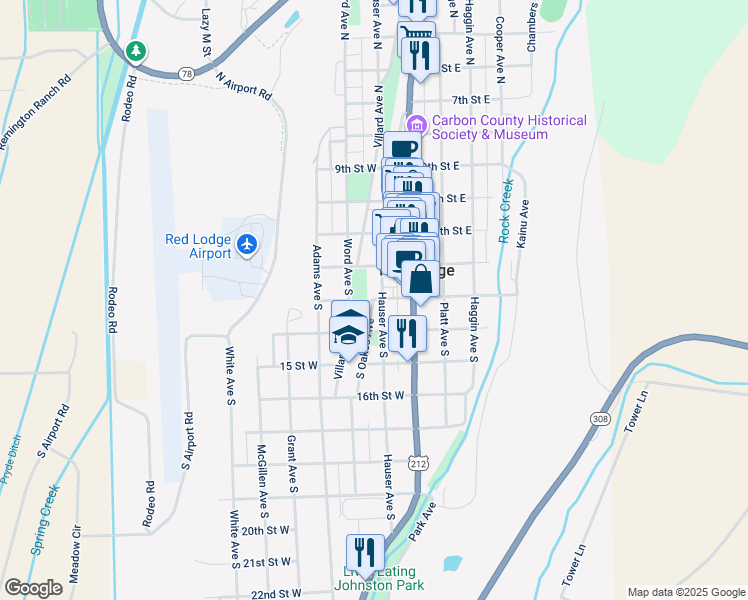 map of restaurants, bars, coffee shops, grocery stores, and more near 13th Street East in Red Lodge