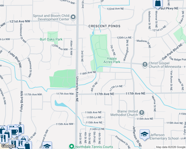 map of restaurants, bars, coffee shops, grocery stores, and more near 11754 3rd Street Northeast in Blaine