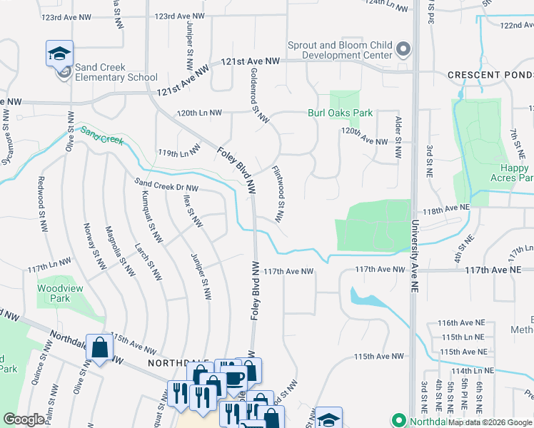 map of restaurants, bars, coffee shops, grocery stores, and more near 356 118th Avenue Northwest in Minneapolis