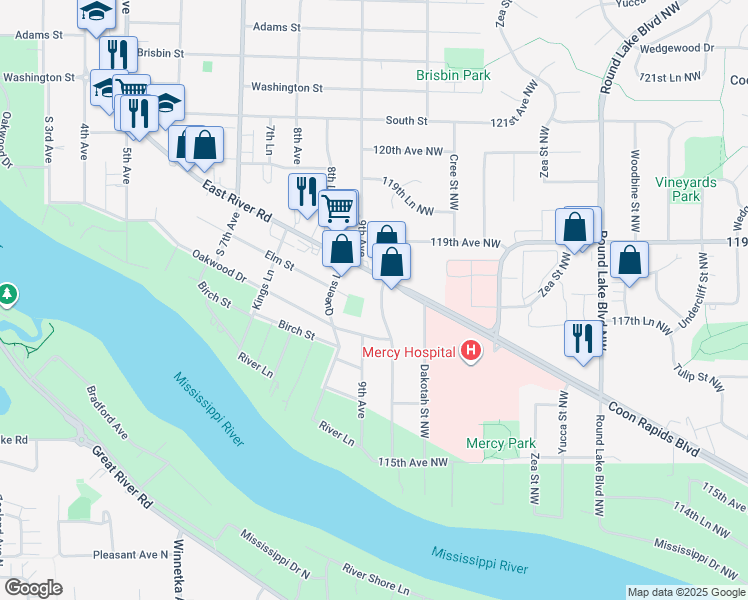 map of restaurants, bars, coffee shops, grocery stores, and more near 11800 Eldorado Street Northwest in Minneapolis