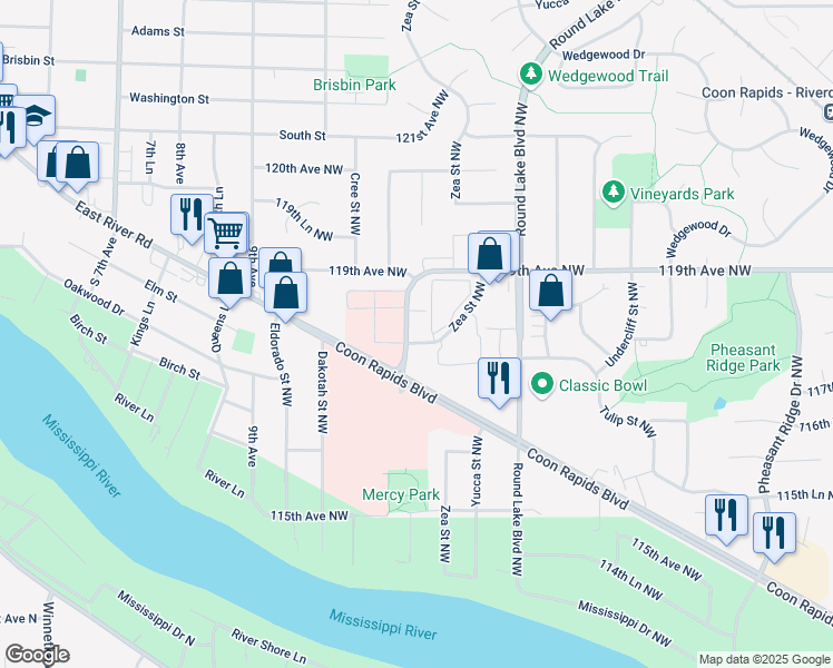 map of restaurants, bars, coffee shops, grocery stores, and more near 11800 Zea Street Northwest in Coon Rapids