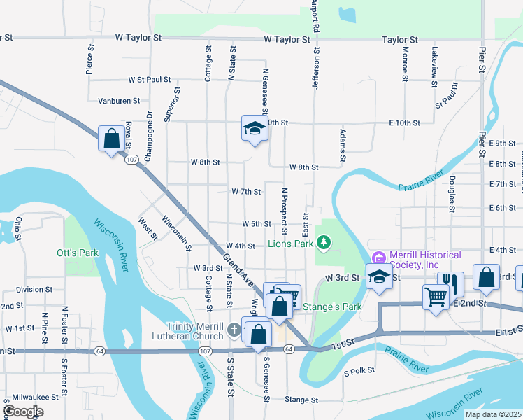 map of restaurants, bars, coffee shops, grocery stores, and more near 508 West 5th Street in Merrill