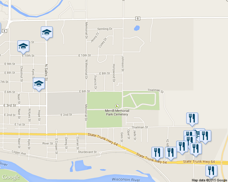 map of restaurants, bars, coffee shops, grocery stores, and more near 2600 East 6th Street in Merrill
