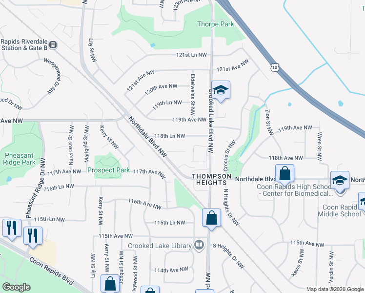 map of restaurants, bars, coffee shops, grocery stores, and more near 2904 117th Lane Northwest in Coon Rapids